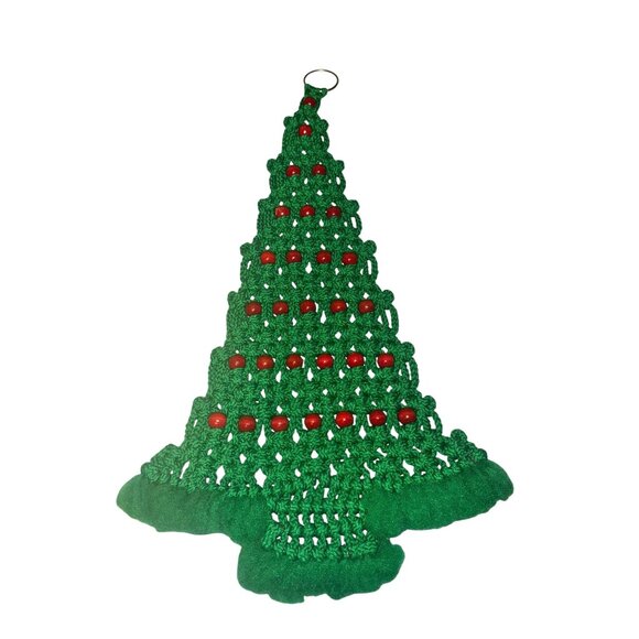 Vintage Macrame Christmas Tree Wall Hanging With Red Beads & Metal Ring - Picture 3 of 5
